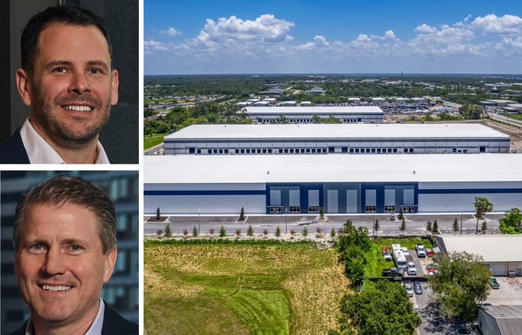CBRE's Tom Rugg (top) and Tom Traynor (bottom), and one of the industrial properties included in AEW's portfolio.