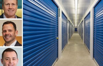 CBRE's Tom Traynor (top), Tom Rugg (center), and Arman Samouk (bottom), and the interior of a self-storage facility.