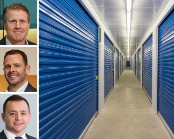 CBRE's Tom Traynor (top), Tom Rugg (center), and Arman Samouk (bottom), and the interior of a self-storage facility.