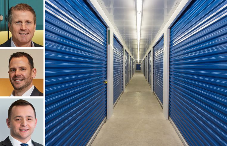 CBRE's Tom Traynor (top), Tom Rugg (center), and Arman Samouk (bottom), and the interior of a self-storage facility.