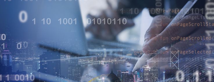 Software developer working on digital tablet and smart city with big data, binary, internet network and computer code floating.