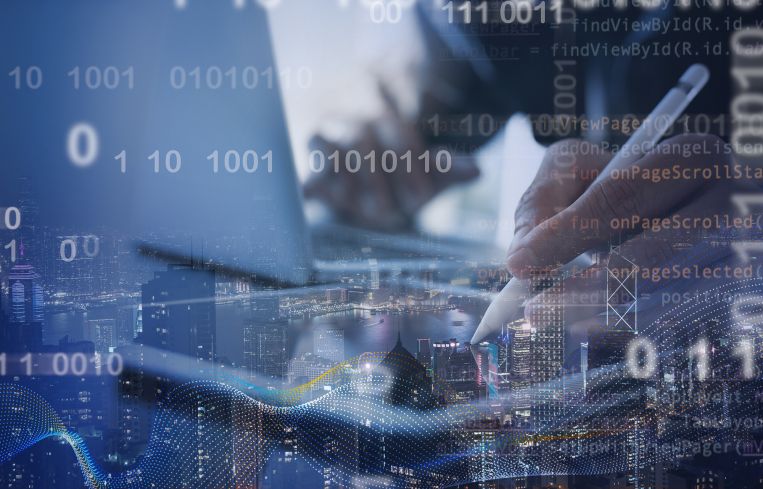 Software developer working on digital tablet and smart city with big data, binary, internet network and computer code floating.