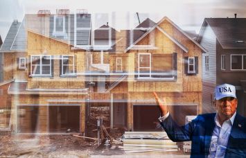 An illustration of President Donald Trump gesturing toward home construction.