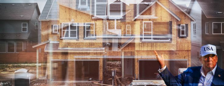 An illustration of President Donald Trump gesturing toward home construction.