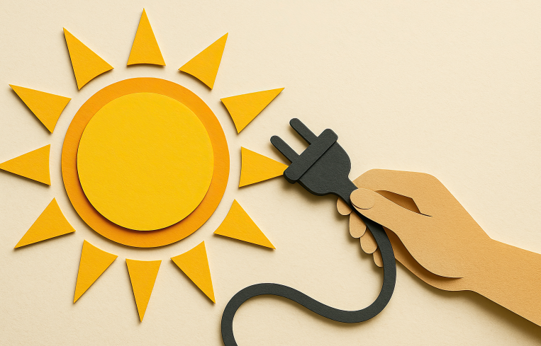 A illustration of a hand about to plug a cord into the sun.