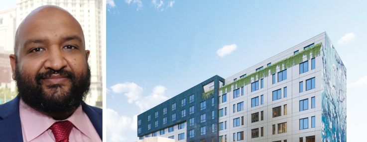 Acting New York City Housing Preservation & Development Commissioner Ahmed Tigani and a rendering of 70-35 113th Street, Queens after its conversion to housing.