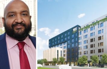 Acting New York City Housing Preservation & Development Commissioner Ahmed Tigani and a rendering of 70-35 113th Street, Queens after its conversion to housing.
