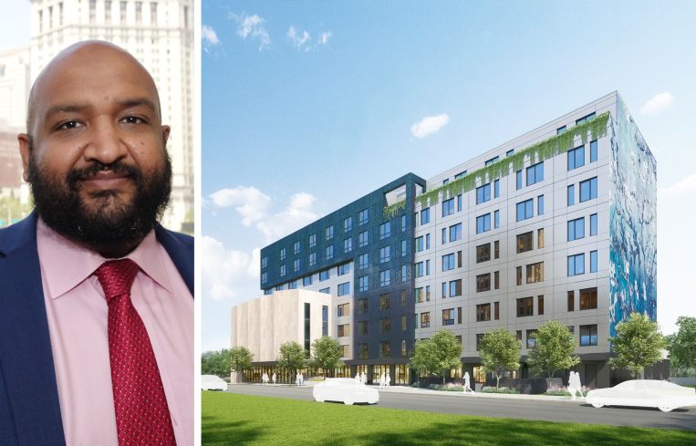 Acting New York City Housing Preservation & Development Commissioner Ahmed Tigani and a rendering of 70-35 113th Street, Queens after its conversion to housing.