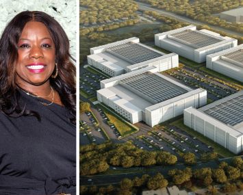 Prince George's County Executive Aisha Braveboy and a rendering of the Brightseat Tech Park project in Prince George's County, Md.