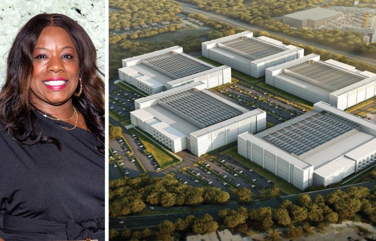 Prince George's County Executive Aisha Braveboy and a rendering of the Brightseat Tech Park project in Prince George's County, Md.