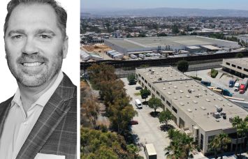JLL's Aldon Cole and an aerial view of Otay Mesa Land Port of Entry, in Otay Mesa, Calif., and the city of Tijuana across the border wall.