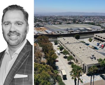 JLL's Aldon Cole and an aerial view of Otay Mesa Land Port of Entry, in Otay Mesa, Calif., and the city of Tijuana across the border wall.