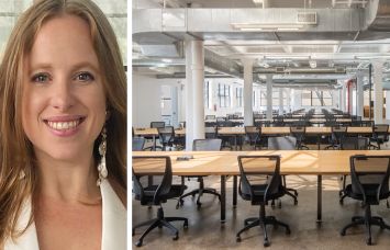 Alyssa Zahler, managing director of commercial leasing, at Two Trees Management, and the ninth floor space at 55 Washington Street, Brooklyn.