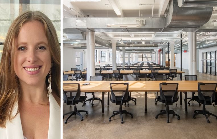 Alyssa Zahler, managing director of commercial leasing, at Two Trees Management, and the ninth floor space at 55 Washington Street, Brooklyn.