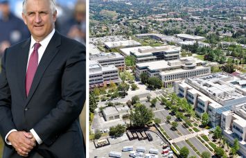 Amgen CEO Robert Bradway; Amgen's headquarters in Thousand Oaks, California.