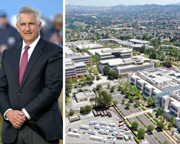 Amgen CEO Robert Bradway; Amgen's headquarters in Thousand Oaks, California.