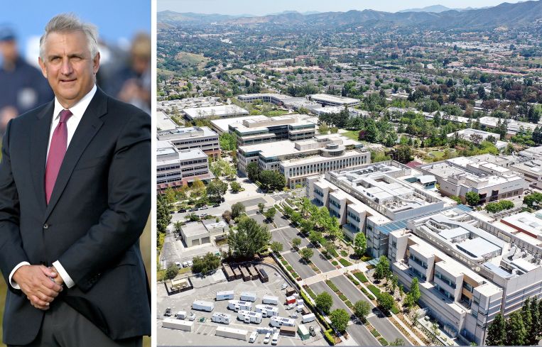 Amgen CEO Robert Bradway; Amgen's headquarters in Thousand Oaks, California.