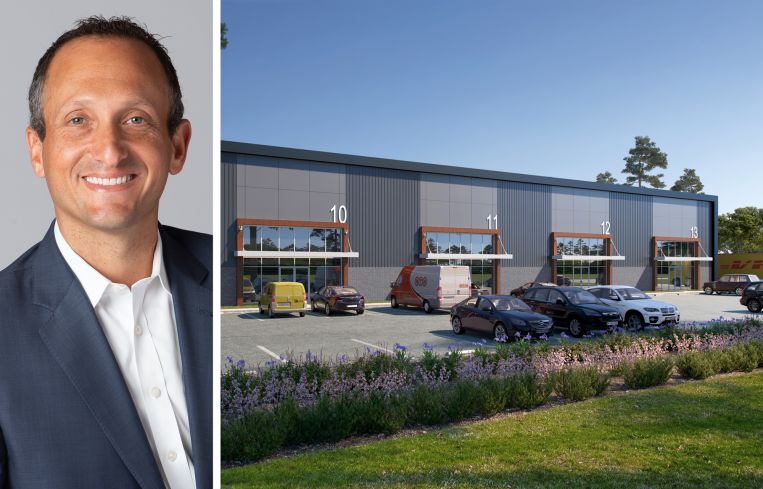 Affinius Capital Managing Director David Greenburg and a rendering of a planned industrial development at 8 Midhampton Avenue, Quogue, N.Y.
