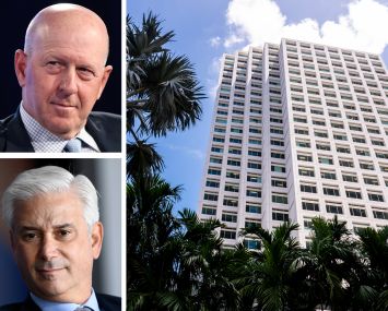 Goldman Sachs CEO David Solomon (top), Wells Fargo CEO Charles Scharf (bottom), and 801 Brickell in Miami.