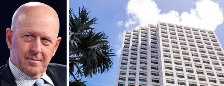 Goldman Sachs CEO David Solomon (top), Wells Fargo CEO Charles Scharf (bottom), and 801 Brickell in Miami.