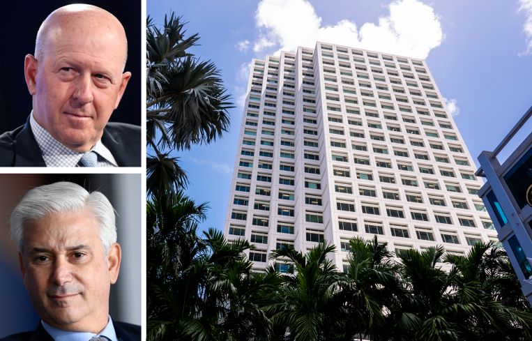 Goldman Sachs CEO David Solomon (top), Wells Fargo CEO Charles Scharf (bottom), and 801 Brickell in Miami.