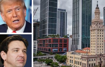 President Donald Trump (top), Florida Gov. Ron DeSantis (bottom), and Miami Freedom Tower, Miami, Fla.