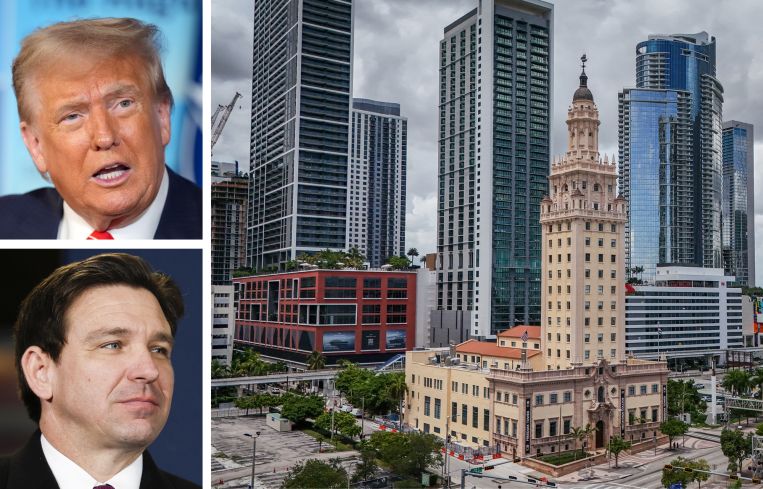 President Donald Trump (top), Florida Gov. Ron DeSantis (bottom), and Miami Freedom Tower, Miami, Fla.
