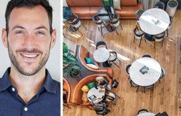 Douglas Feinberg, Senior Director of Real Estate at Industrious, and an Industrious co-working space.