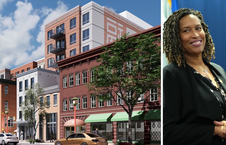 608-624 Eye Street NW in Washington, D.C., and D.C. Mayor Muriel Bowser.