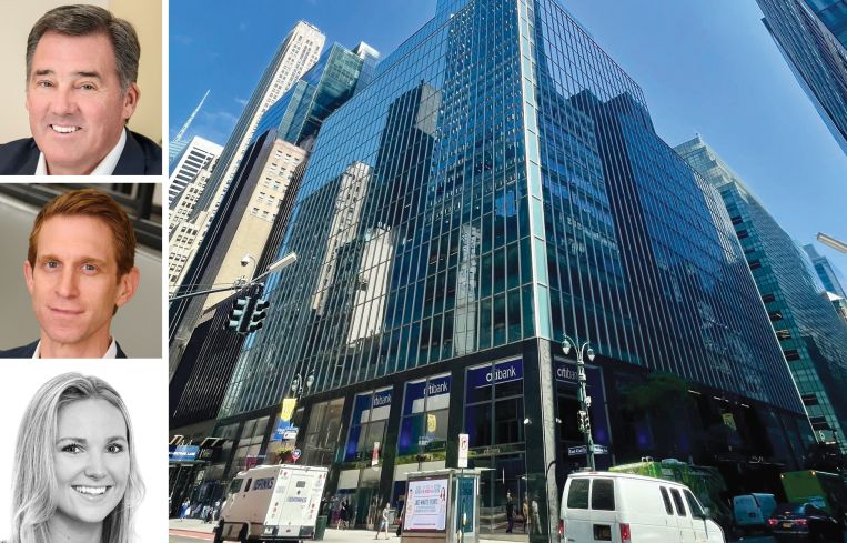 JLL's Frank Doyle (top), David Kleiner (center), and Carlee Palmer (bottom), and 330 Madison Avenue.