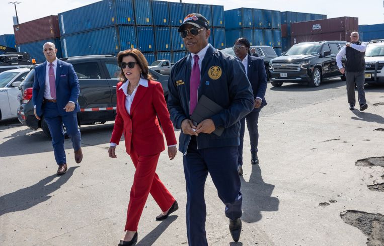Mayor Eric Adams and Gov. Kathy Hochul walk through the Brooklyn Marine Terminal in May 2024.