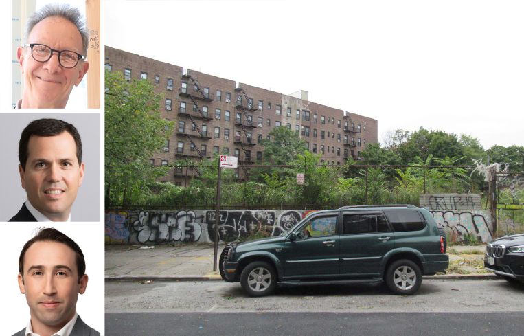 Continuum Company's Ian Bruce Eichner (top), JLL's Andrew Scandalios (center) and Ethan Stanton (bottom), and 970 Franklin Avenue, Brooklyn.