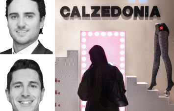 Newmark's Jason Stein (top) and Michael Paster, and a Calzedonia store display.