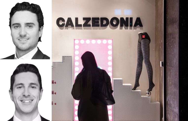 Newmark's Jason Stein (top) and Michael Paster, and a Calzedonia store display.