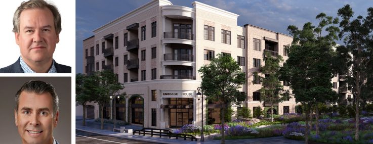 Nord Development's Joe Rossi (top), Acre's Les Menkes (center), Bank OZK's James Whelan (bottom), and 214 West Main Street in Patchogue, N.Y.