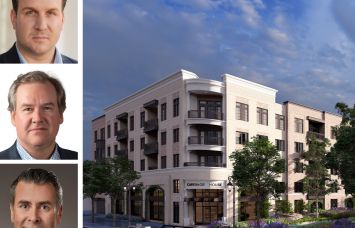 Nord Development's Joe Rossi (top), Acre's Les Menkes (center), Bank OZK's James Whelan (bottom), and 214 West Main Street in Patchogue, N.Y.