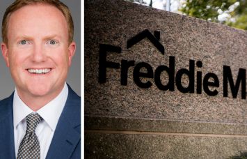 John Hofmann of J.P. Morgan and a sign at a Freddie Mac office.