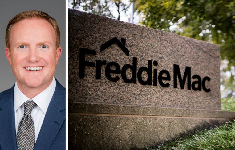 John Hofmann of J.P. Morgan and a sign at a Freddie Mac office.