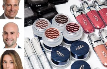 JLL's John Wheeler (top), Andrew Coe (center), and Margaux Kelleher (bottom), and Kiko Cosmetics products.