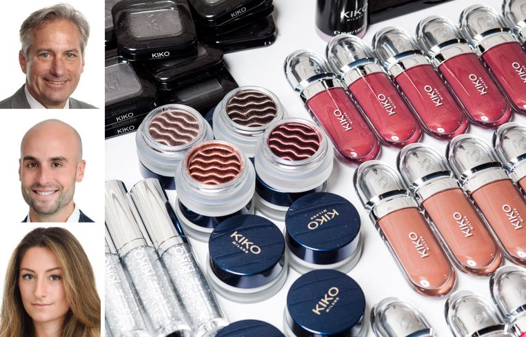 JLL's John Wheeler (top), Andrew Coe (center), and Margaux Kelleher (bottom), and Kiko Cosmetics products.