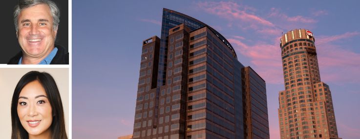 Douglas Emmett's Jordan Kaplan (top), Jamison's Jaime Lee (center), Brookfield's Ben Kingston (bottom), and the Gas Company Tower in Los Angeles.