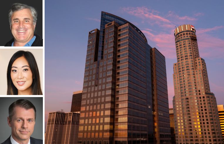 Douglas Emmett's Jordan Kaplan (top), Jamison's Jaime Lee (center), Brookfield's Ben Kingston (bottom), and the Gas Company Tower in Los Angeles.