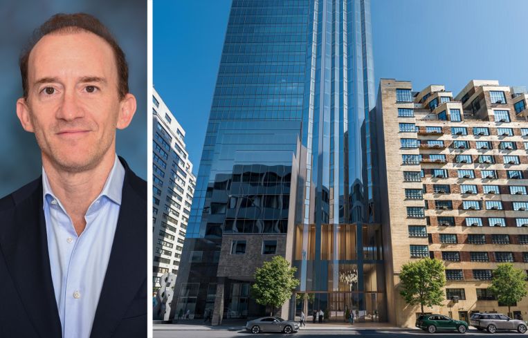 S3 Capital's Joshua Crane and a rendering of 303 East 44th Street.