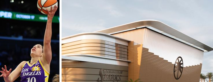 Los Angeles Sparks guard Kelsey Plum and a rendering of the planned Sparks practice facility in El Segundo, Calif.