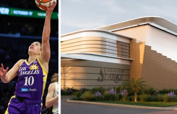 Los Angeles Sparks guard Kelsey Plum and a rendering of the planned Sparks practice facility in El Segundo, Calif.