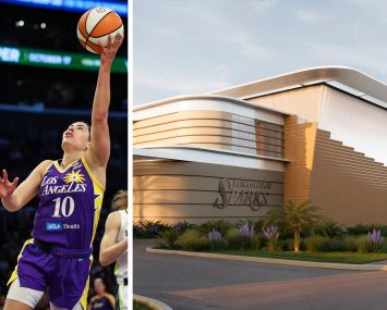 Los Angeles Sparks guard Kelsey Plum and a rendering of the planned Sparks practice facility in El Segundo, Calif.