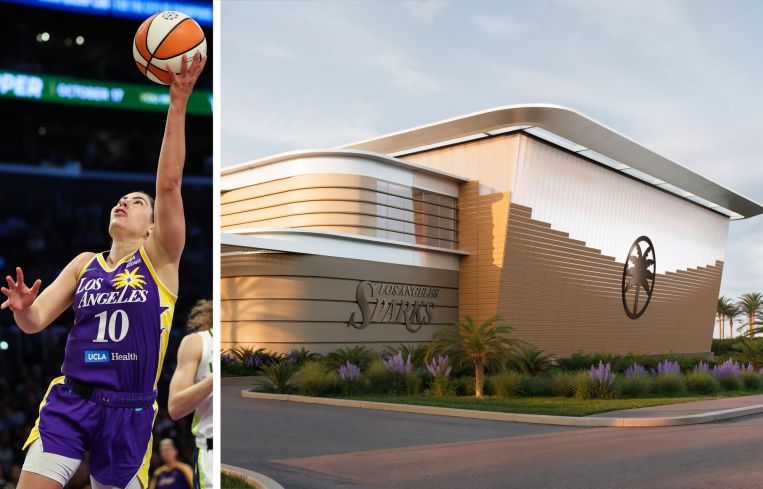 Los Angeles Sparks guard Kelsey Plum and a rendering of the planned Sparks practice facility in El Segundo, Calif.