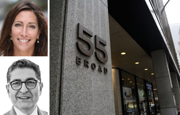 Silverstein Properties CEO Lisa Silverstein (top), Metroloft Managing Principal Nathan Berman (bottom), and 55 Broad Street.