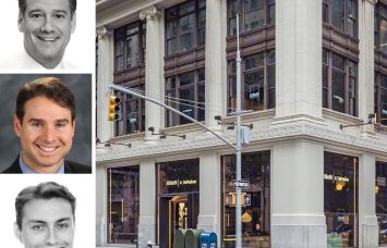 JLL's Matthew Astrachan (top), Dan Turkewitz (center), and Harrison Potter (bottom), and 99 Madison Avenue.