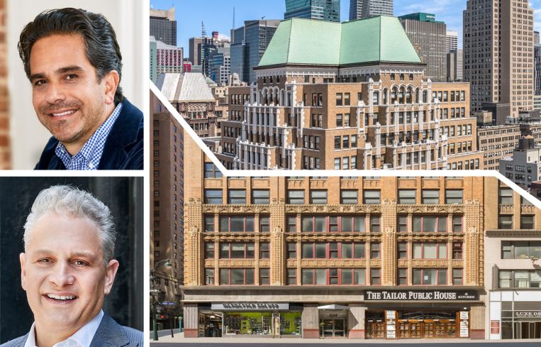 GFP Real Estate's Matthew Mandell (top) and Allen Gurevich (bottom), 520 Eighth Avenue (top right), and 505 Eighth Avenue (bottom right).